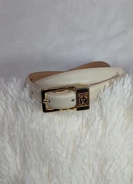 VTG Anne Klein Calderon Cream Leather Belt Gold Lion Head Buckle 80s Skinny S